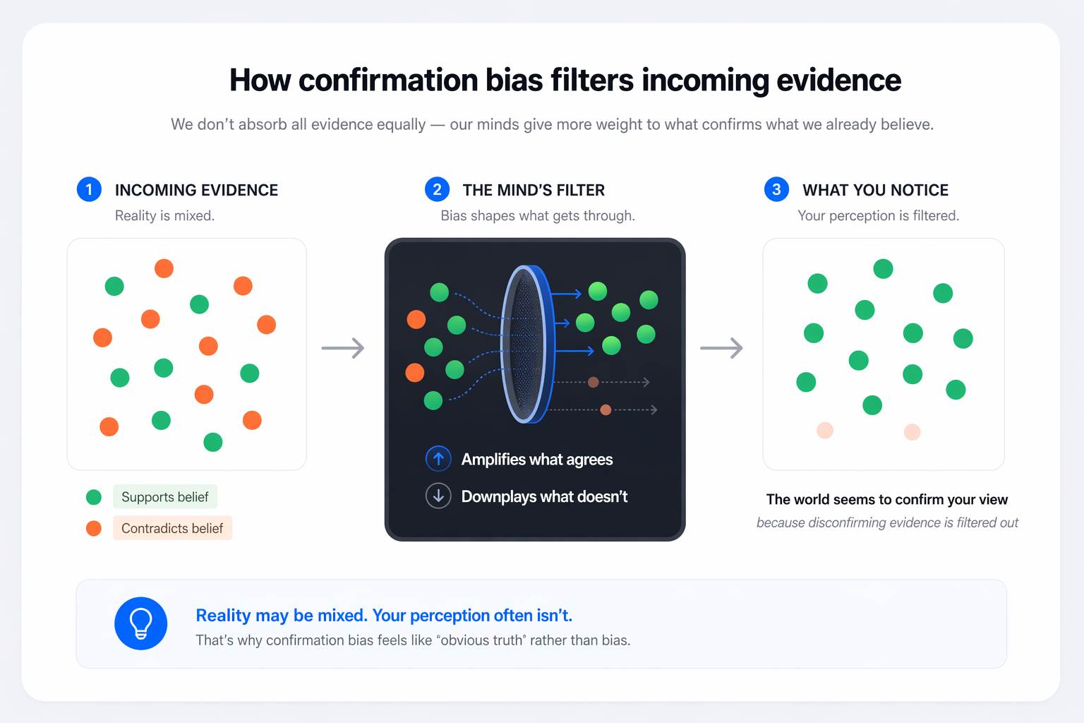 Diagram showing how confirmation bias filters incoming evidence: incoming evidence is mixed (green = supports belief, orange = contradicts belief), the mind's filter amplifies what agrees and downplays what doesn't, leaving a perception that mostly confirms the existing view.