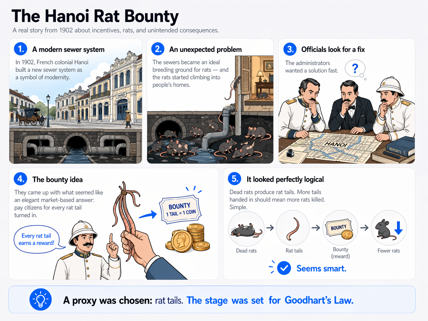 Illustrated infographic of the 1902 Hanoi rat bounty: a modern sewer system, rats invading homes, officials seeking a fix, the bounty idea, and the proxy that set the stage for Goodhart's Law.