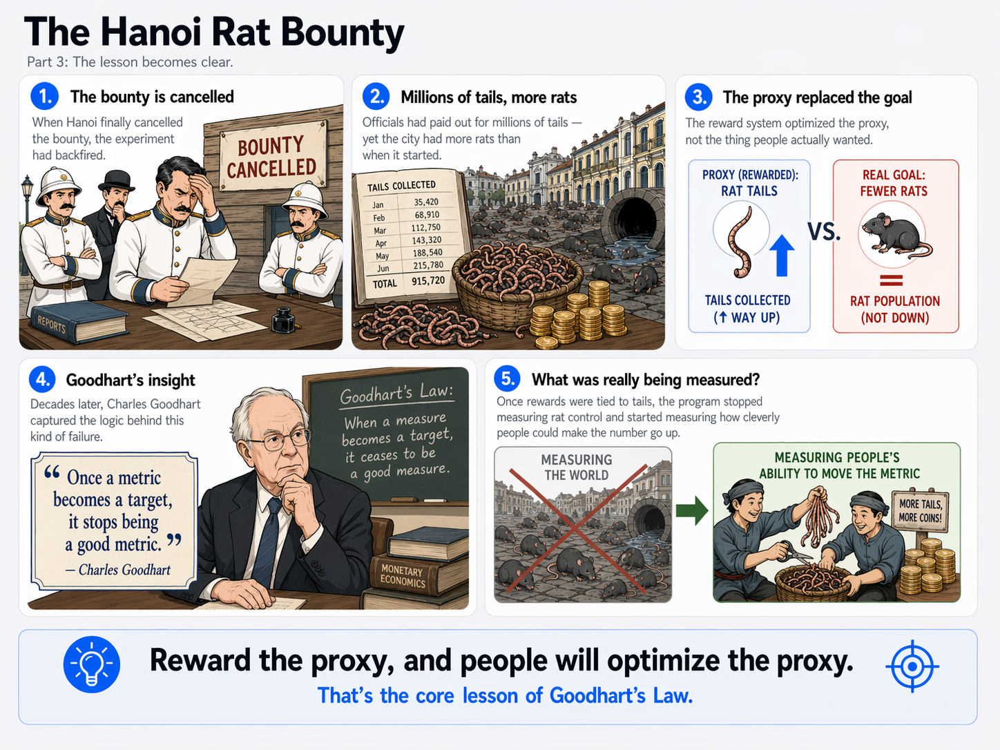 Illustrated infographic — The Hanoi Rat Bounty Part 3: the lesson becomes clear. The bounty is cancelled, millions of tails were paid out, the proxy replaced the goal, Charles Goodhart's insight, and what was really being measured. Reward the proxy and people will optimize the proxy.
