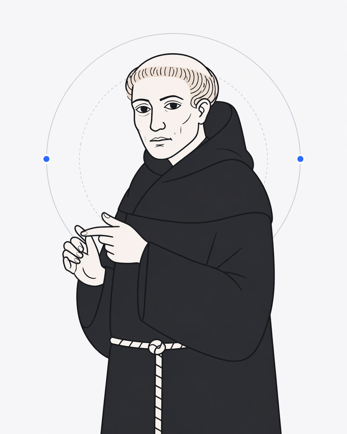 Illustration of William of Ockham, a Franciscan friar in a black habit, with a faint dashed halo behind him.